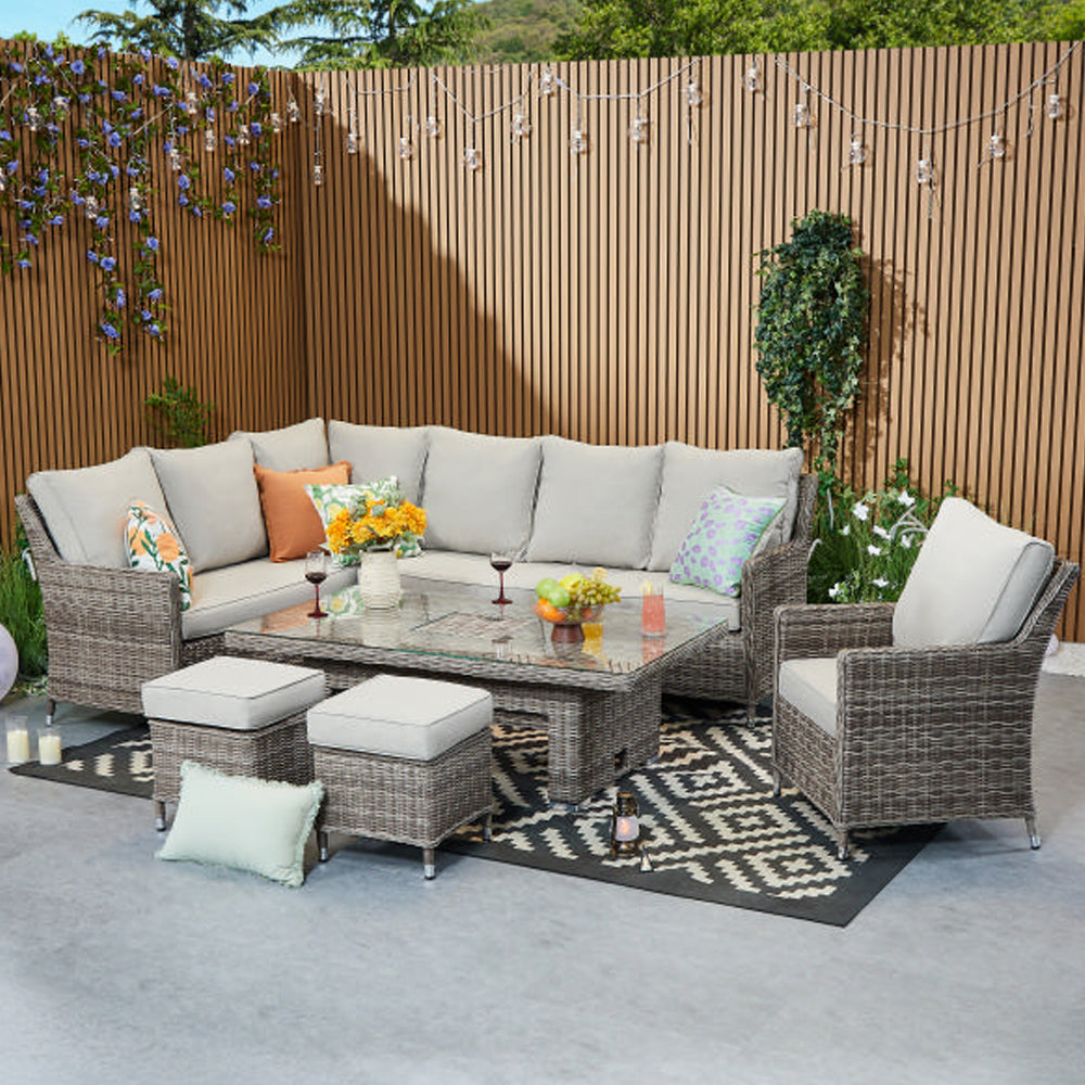 Hampton 9‑Seater Natural Round Weave Rattan Corner Sofa Rectangular Rising Table Dining Set with Ice Bucket