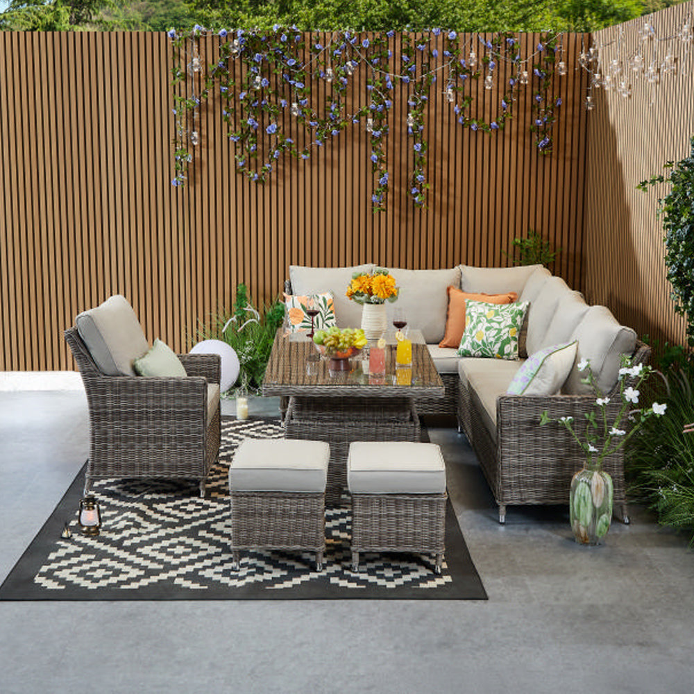 Hampton 9‑Seater Natural Round Weave Rattan Corner Sofa Rectangular Rising Table Dining Set with Ice Bucket