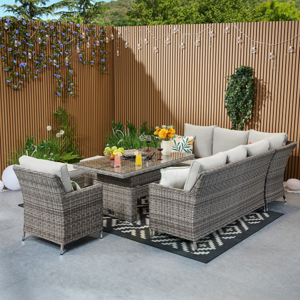 Hampton 9‑Seater Natural Round Weave Rattan Corner Sofa Rectangular Rising Table Dining Set with Ice Bucket