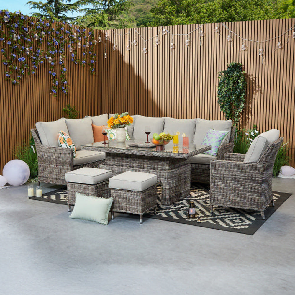 Hampton 9‑Seater Natural Round Weave Rattan Corner Sofa Rectangular Rising Table Dining Set with Ice Bucket