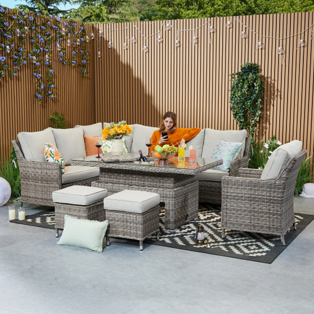 Hampton 9‑Seater Natural Round Weave Rattan Corner Sofa Rectangular Rising Table Dining Set with Ice Bucket