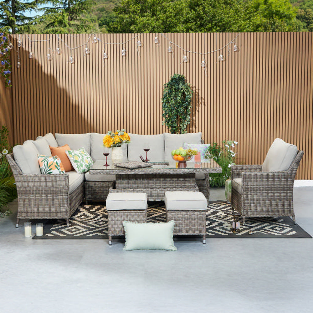 Hampton 9‑Seater Natural Round Weave Rattan Corner Sofa Rectangular Rising Table Dining Set with Ice Bucket