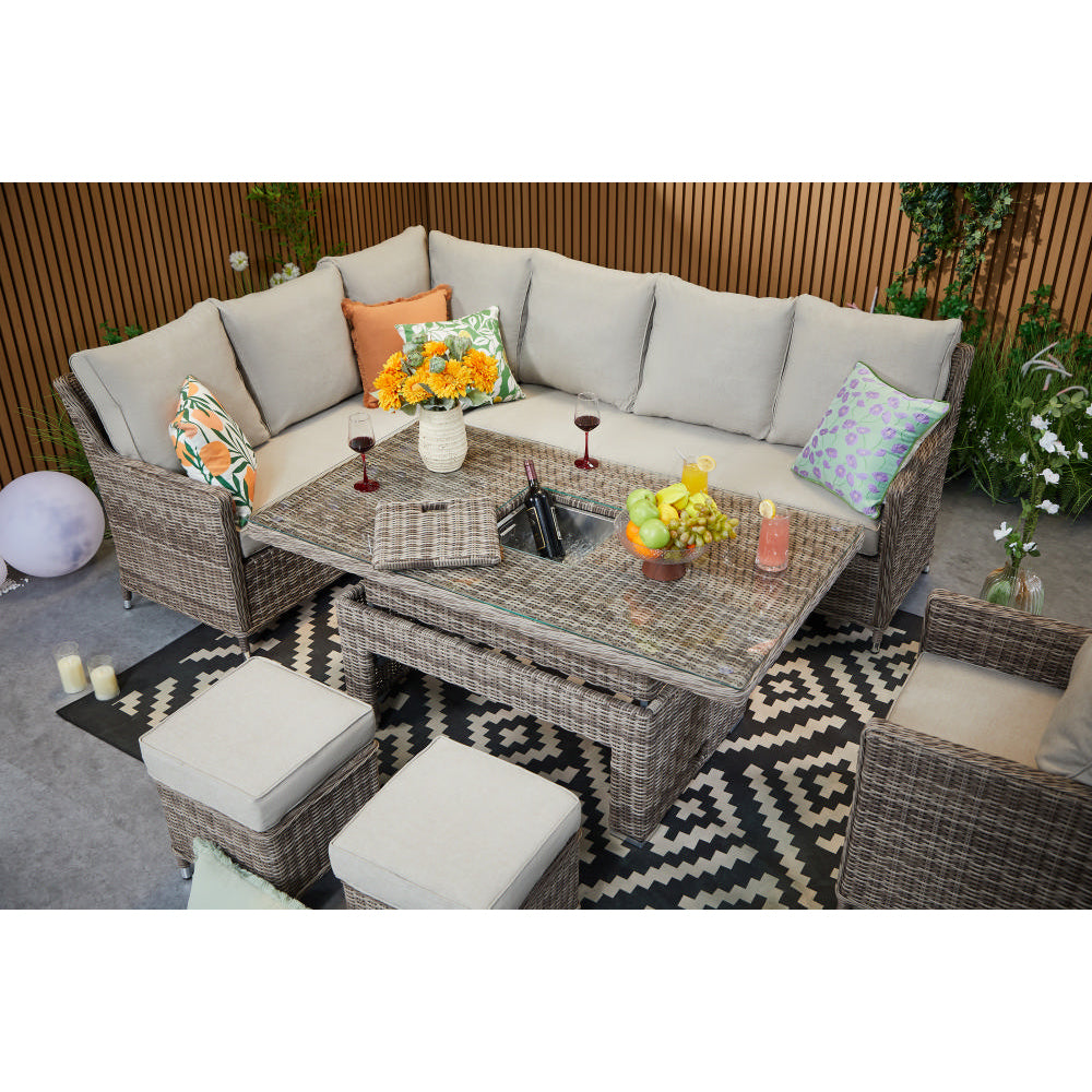 Hampton 9‑Seater Natural Round Weave Rattan Corner Sofa Rectangular Rising Table Dining Set with Ice Bucket