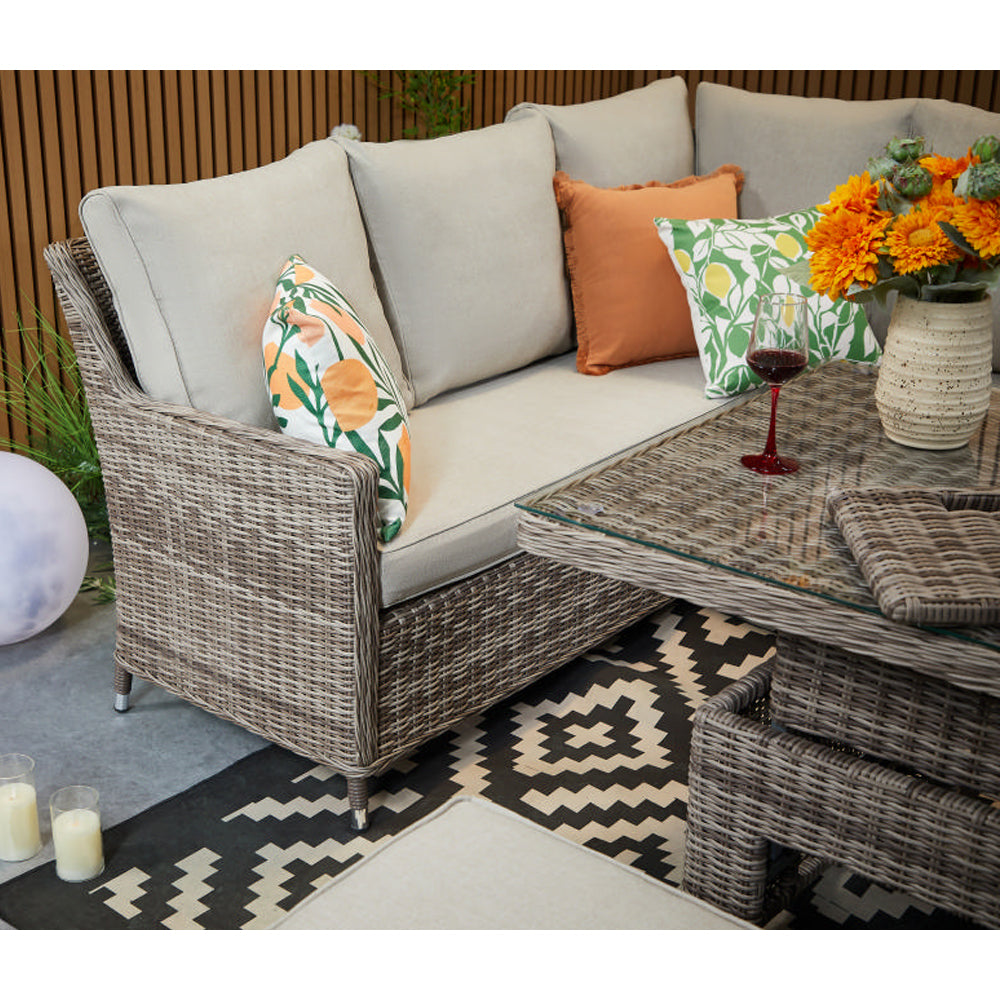 Hampton 9‑Seater Natural Round Weave Rattan Corner Sofa Rectangular Rising Table Dining Set with Ice Bucket