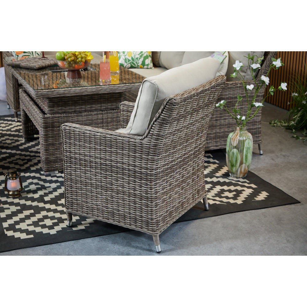 Hampton 9‑Seater Natural Round Weave Rattan Corner Sofa Rectangular Rising Table Dining Set with Ice Bucket