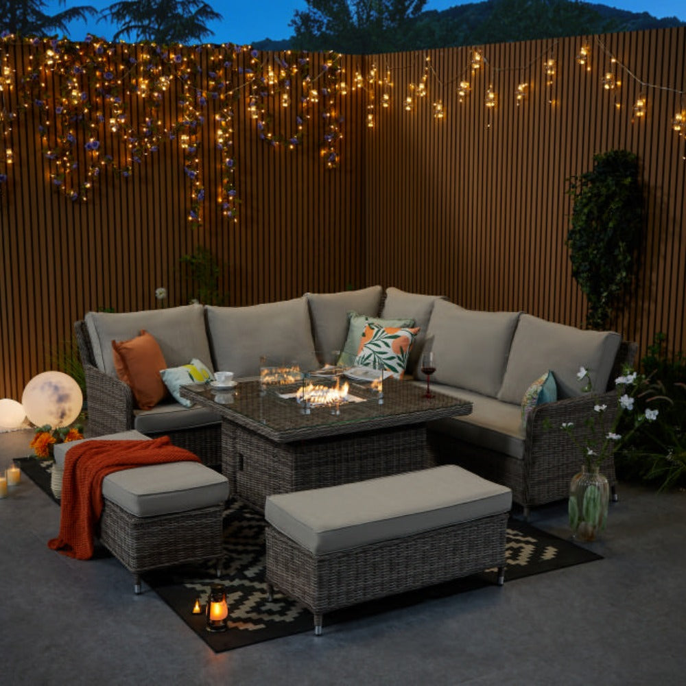 Hampton 9‑Seater Natural Rattan Corner Sofa Fire Pit Dining Set with Standard Square Fire Pit Table & Benches