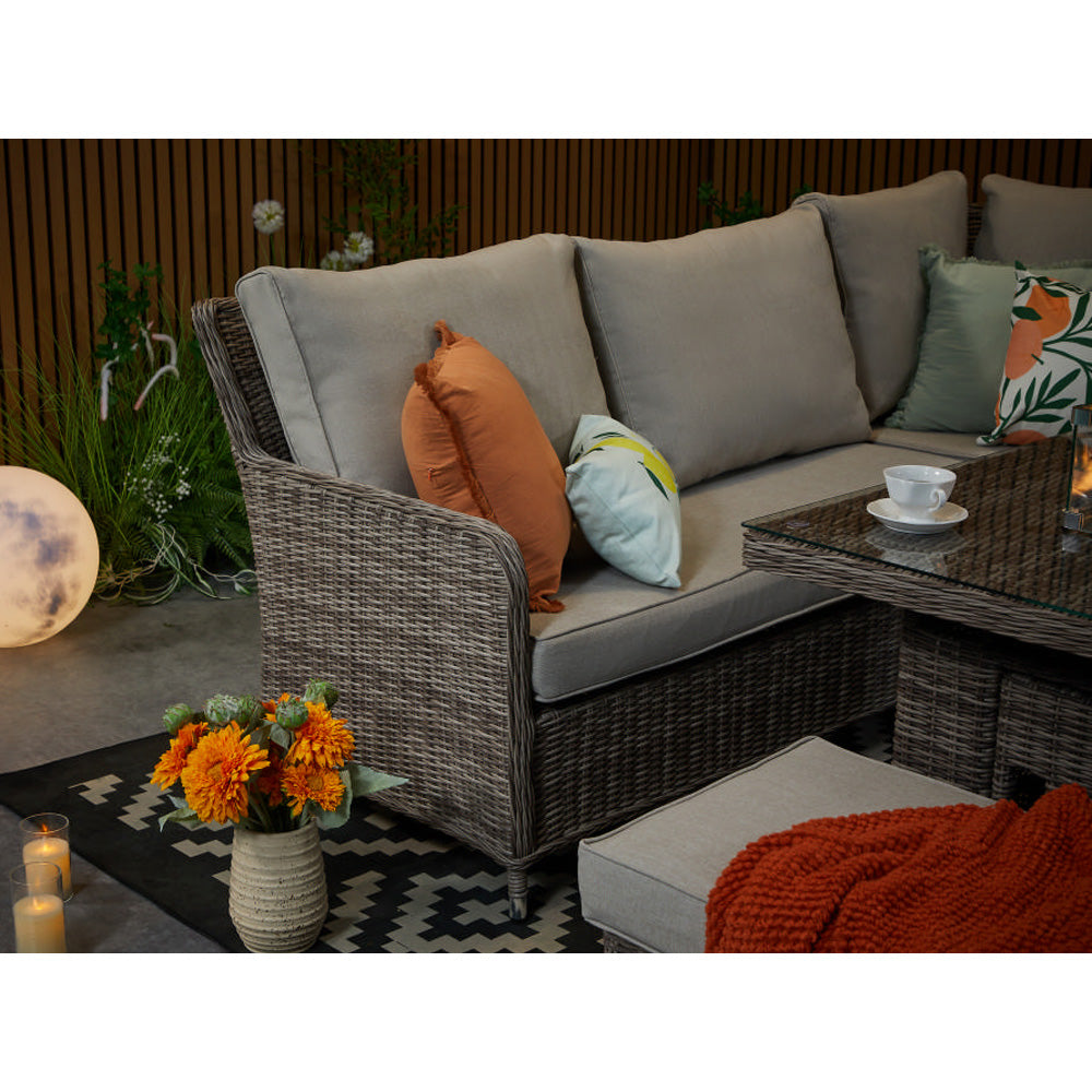 Hampton 9‑Seater Natural Rattan Corner Sofa Fire Pit Dining Set with Standard Square Fire Pit Table & Benches