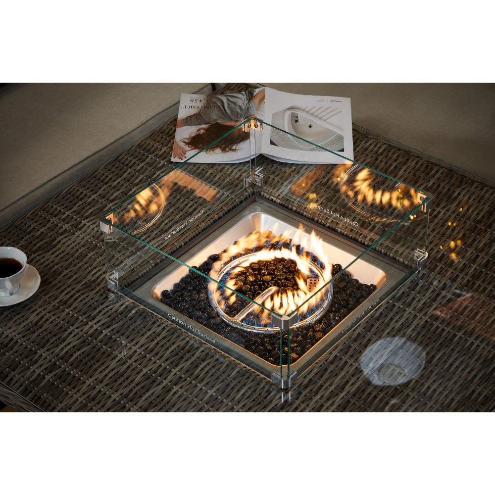 Hampton 9‑Seater Natural Rattan Corner Sofa Fire Pit Dining Set with Standard Square Fire Pit Table & Benches