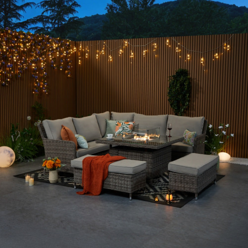 Hampton 9‑Seater Natural Rattan Corner Sofa Fire Pit Dining Set with Standard Square Fire Pit Table & Benches