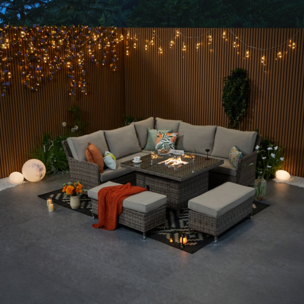 Hampton 9‑Seater Natural Rattan Corner Sofa Fire Pit Dining Set with Standard Square Fire Pit Table & Benches