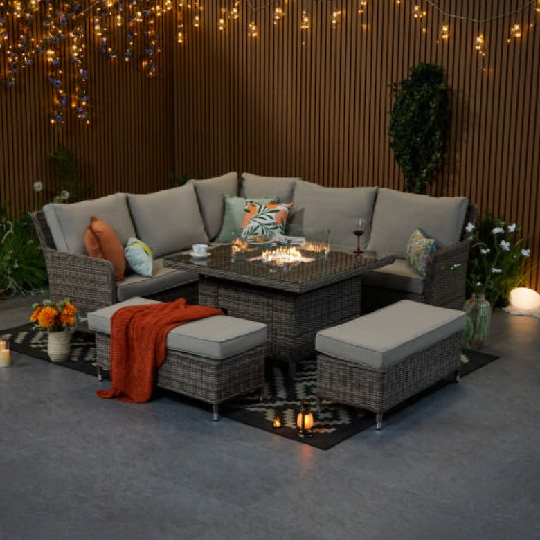 Hampton 9‑Seater Natural Rattan Corner Sofa Fire Pit Dining Set with Standard Square Fire Pit Table & Benches