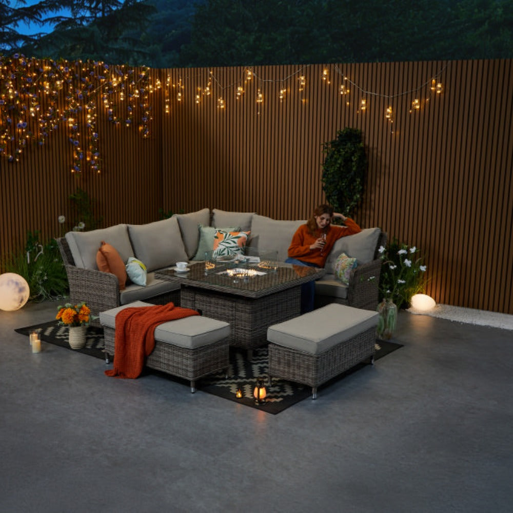 Hampton 9‑Seater Natural Rattan Corner Sofa Fire Pit Dining Set with Standard Square Fire Pit Table & Benches