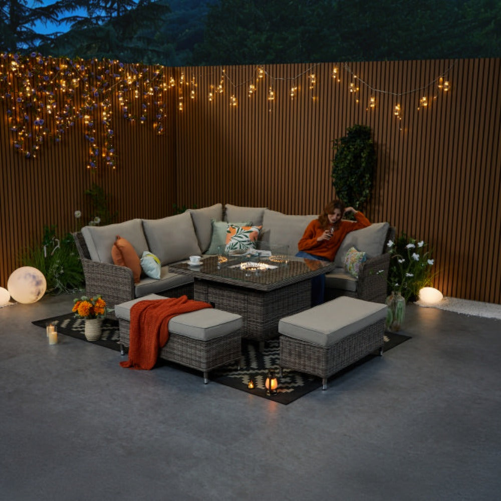 Hampton 9‑Seater Natural Rattan Corner Sofa Fire Pit Dining Set with Standard Square Fire Pit Table & Benches