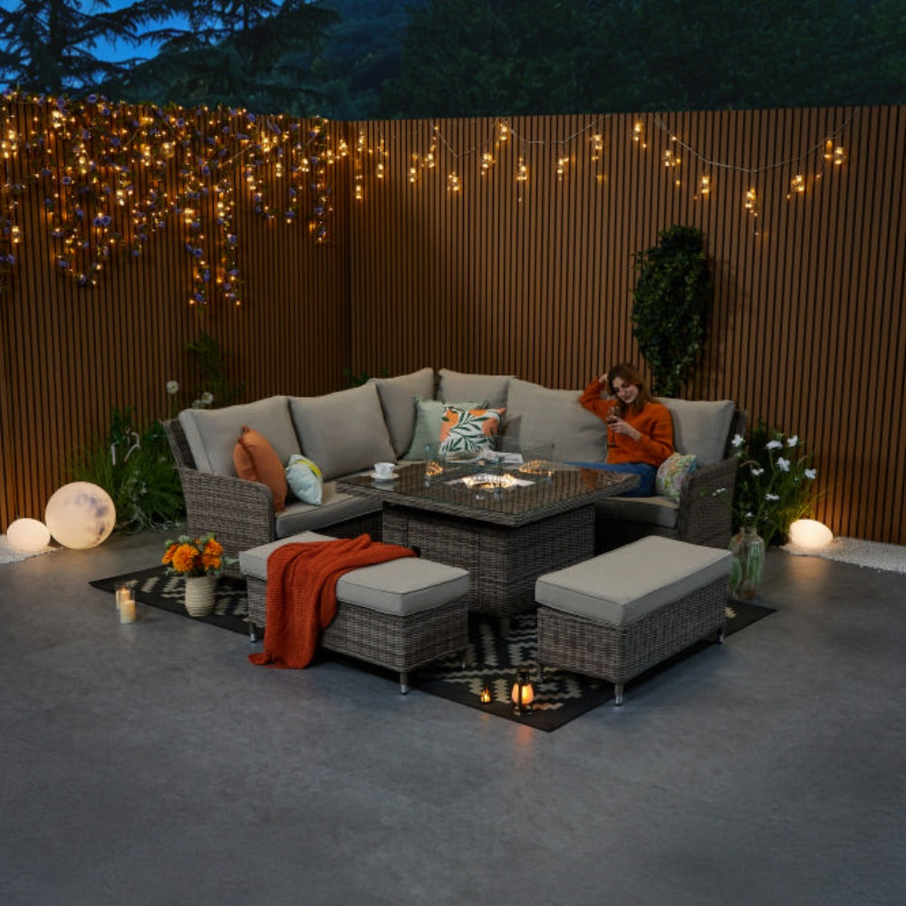 Hampton 9‑Seater Natural Rattan Corner Sofa Fire Pit Dining Set with Standard Square Fire Pit Table & Benches