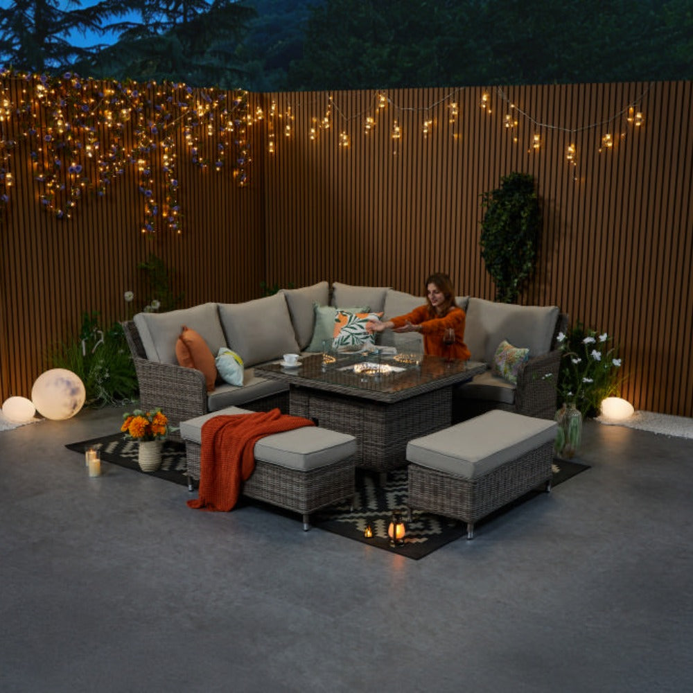 Hampton 9‑Seater Natural Rattan Corner Sofa Fire Pit Dining Set with Standard Square Fire Pit Table & Benches