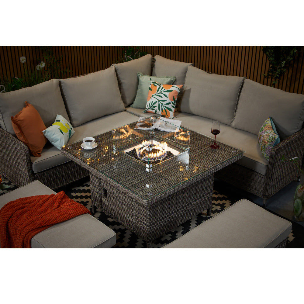 Hampton 9‑Seater Natural Rattan Corner Sofa Fire Pit Dining Set with Standard Square Fire Pit Table & Benches