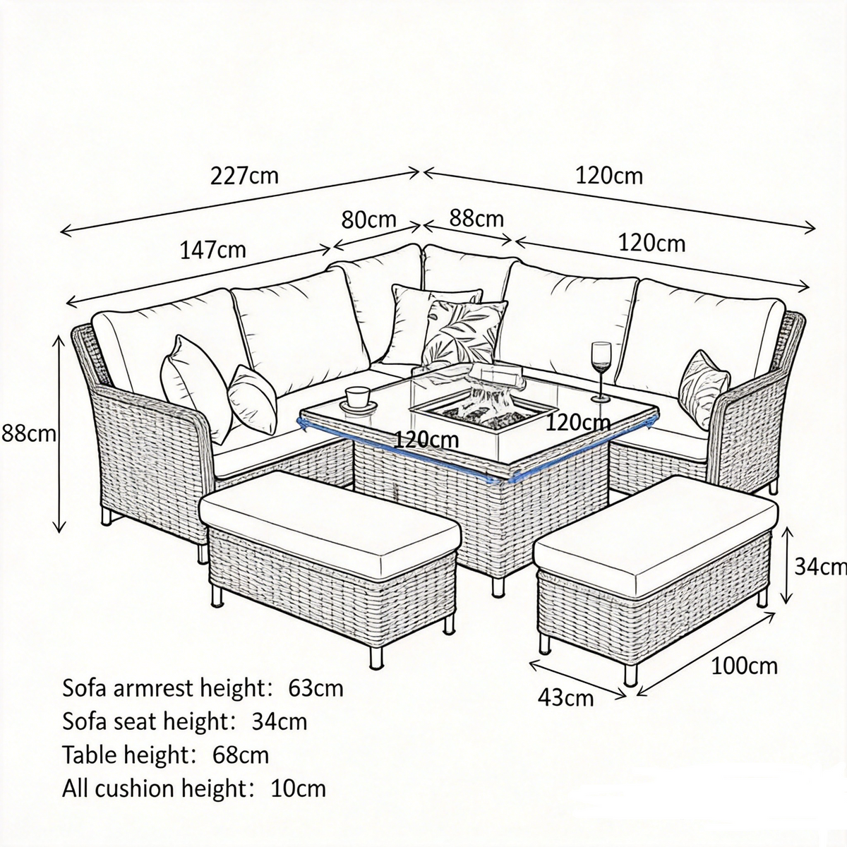 Hampton 9‑Seater Natural Rattan Corner Sofa Fire Pit Dining Set with Standard Square Fire Pit Table & Benches