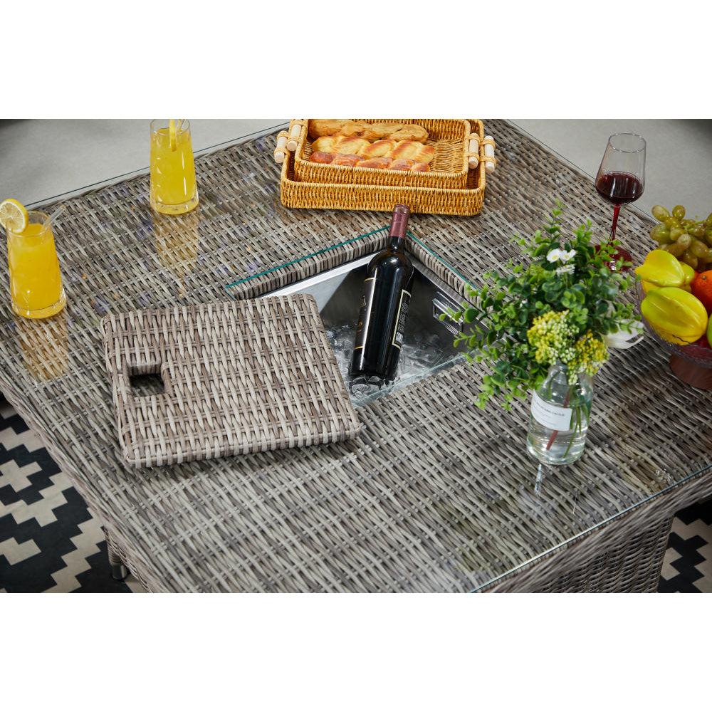 Hampton 9‑Seater Natural Round Weave Rattan Corner Sofa Rising Table Dining Set with Ice Bucket & Benches