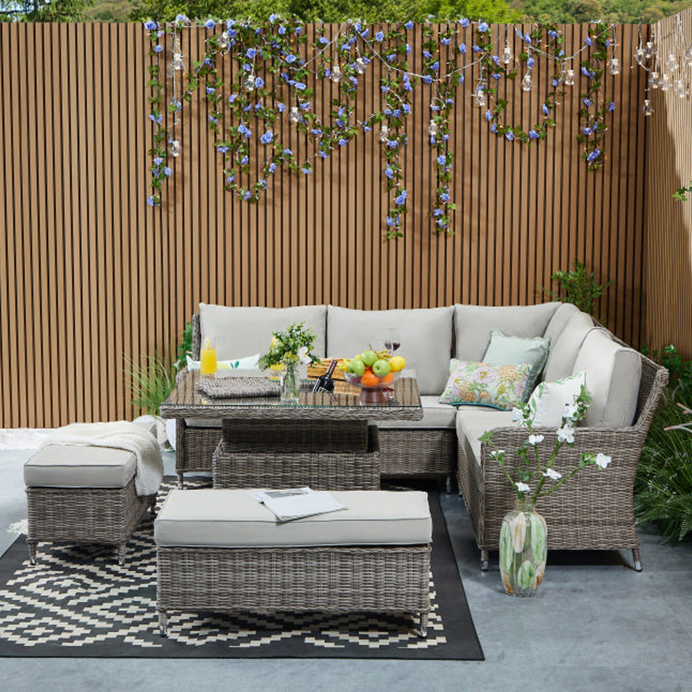 Hampton 9‑Seater Natural Round Weave Rattan Corner Sofa Rising Table Dining Set with Ice Bucket & Benches