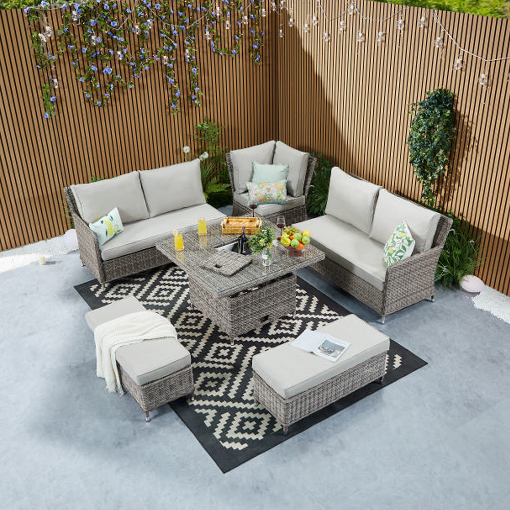 Hampton 9‑Seater Natural Round Weave Rattan Corner Sofa Rising Table Dining Set with Ice Bucket & Benches