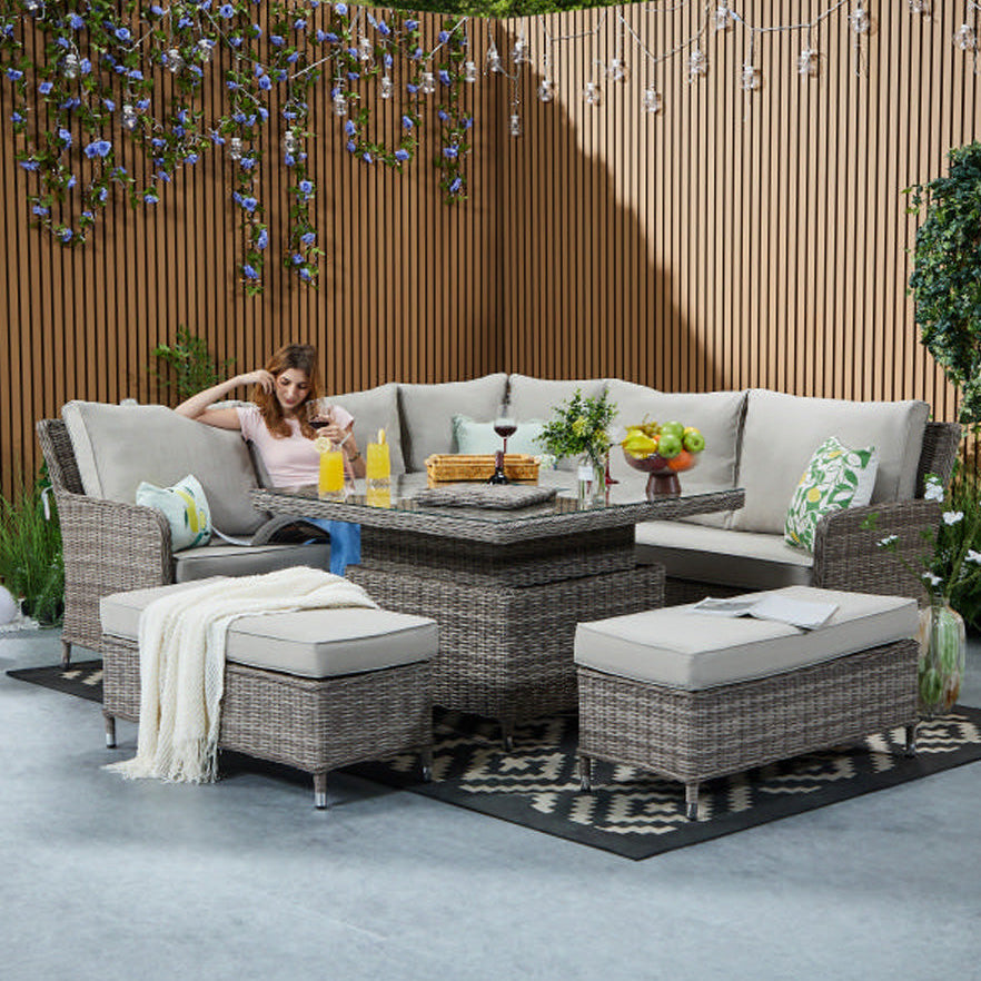 Hampton 9‑Seater Natural Round Weave Rattan Corner Sofa Rising Table Dining Set with Ice Bucket & Benches