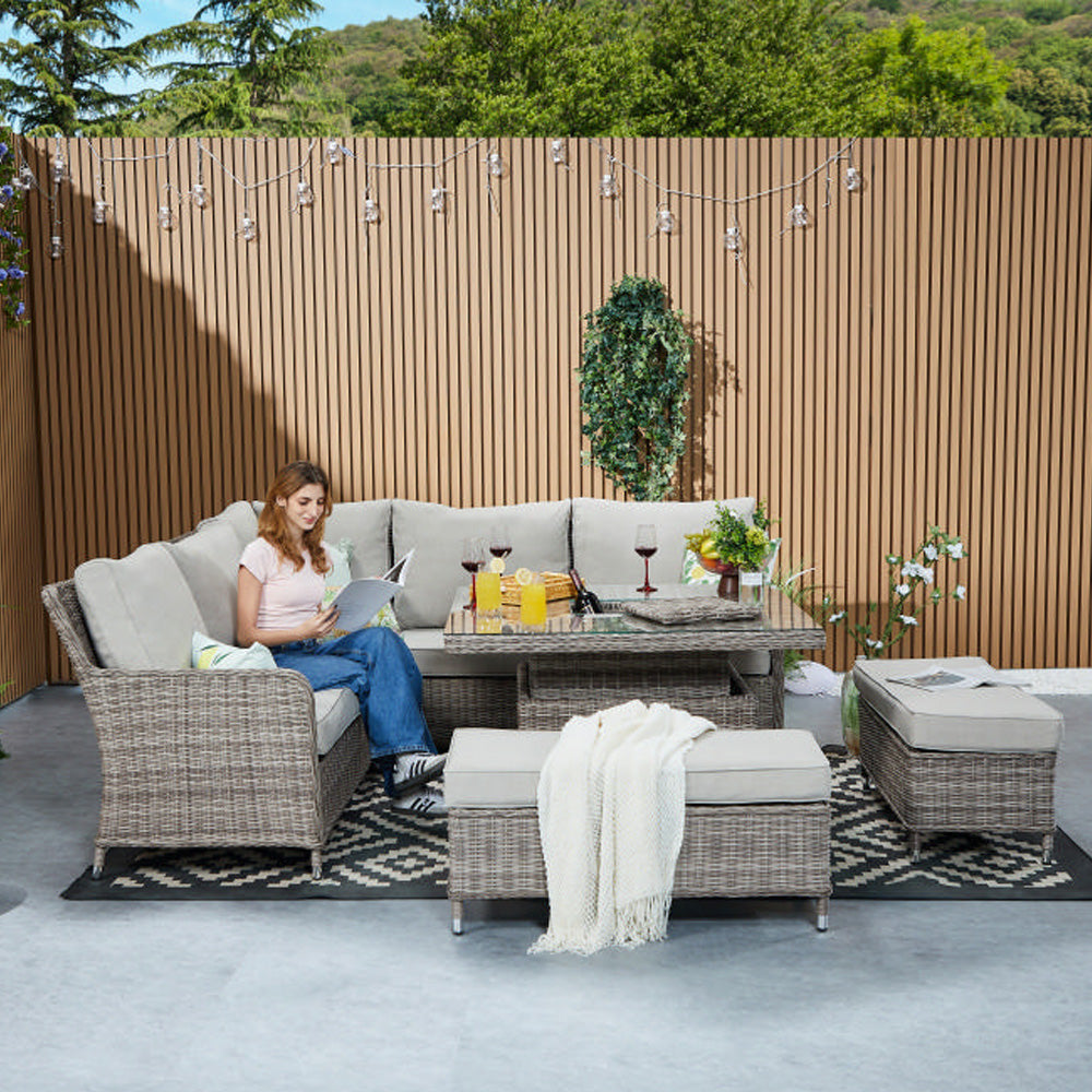 Hampton 9‑Seater Natural Round Weave Rattan Corner Sofa Rising Table Dining Set with Ice Bucket & Benches