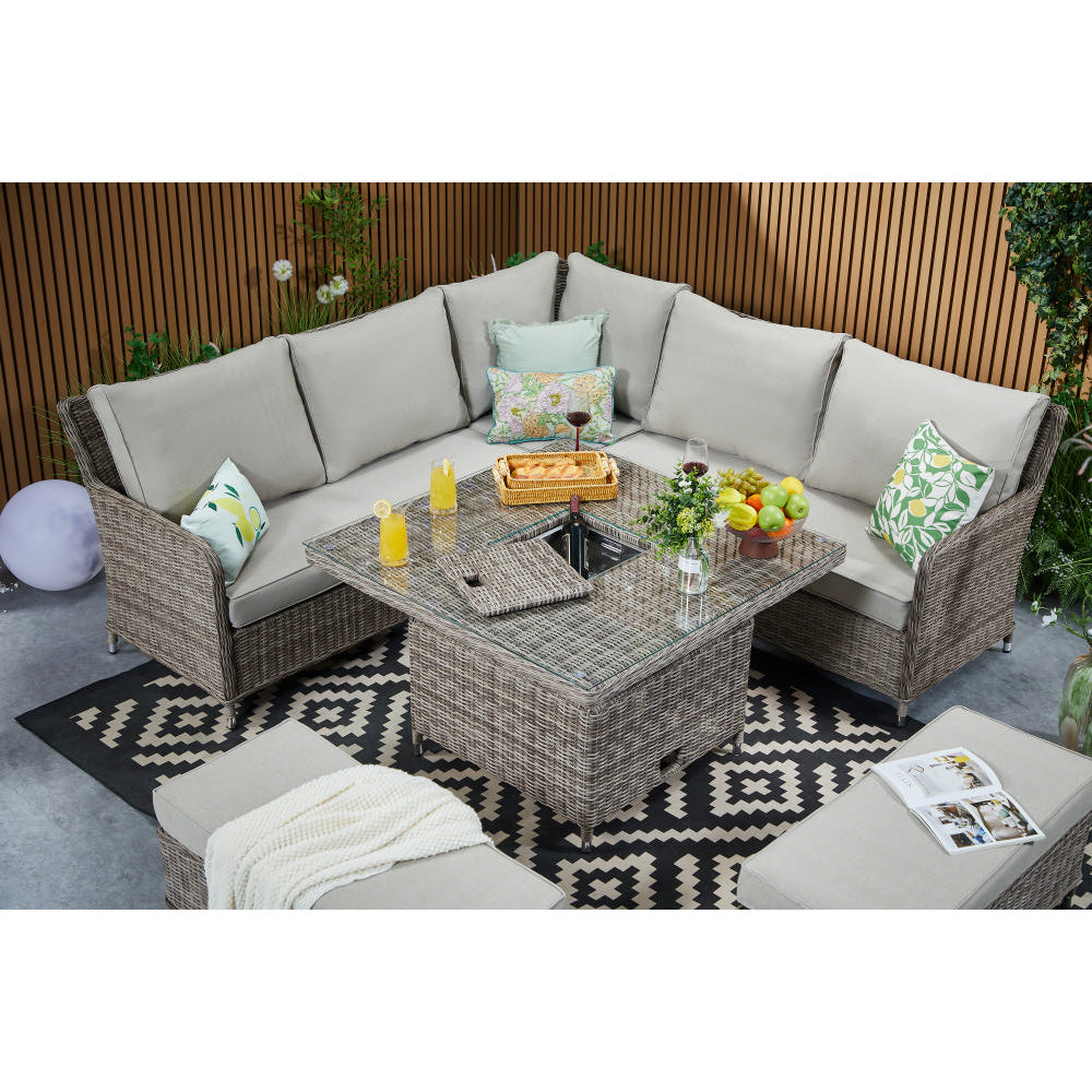Hampton 9‑Seater Natural Round Weave Rattan Corner Sofa Rising Table Dining Set with Ice Bucket & Benches