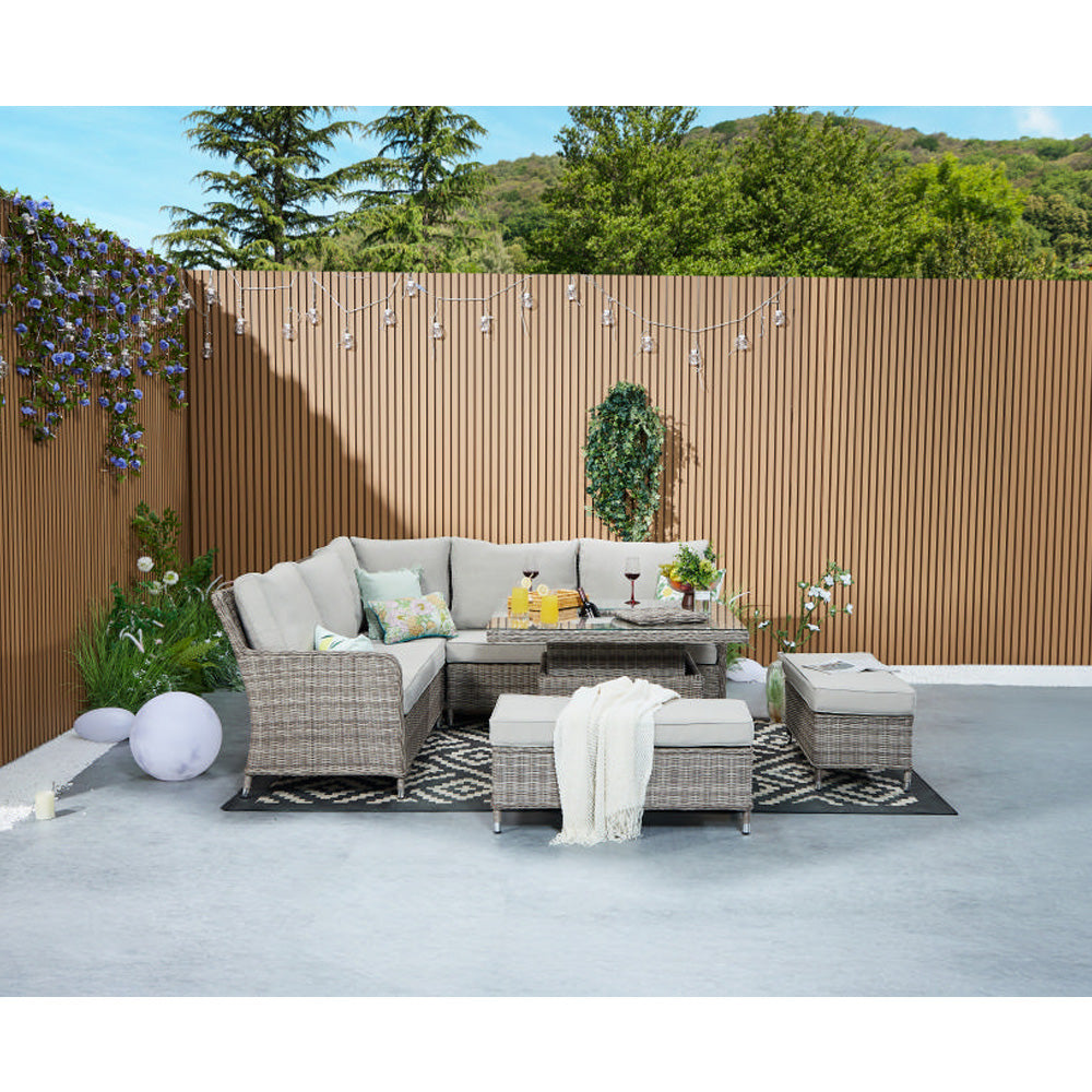 Hampton 9‑Seater Natural Round Weave Rattan Corner Sofa Rising Table Dining Set with Ice Bucket & Benches