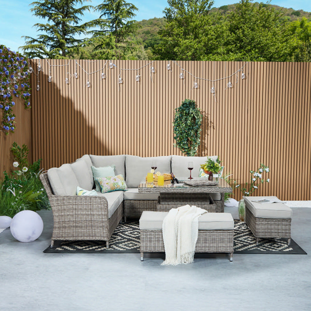 Hampton 9‑Seater Natural Round Weave Rattan Corner Sofa Rising Table Dining Set with Ice Bucket & Benches