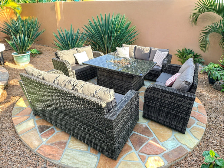 Lotus Outdoor 10 Seater Rattan Garden Sofa with Fire Pit Table Set