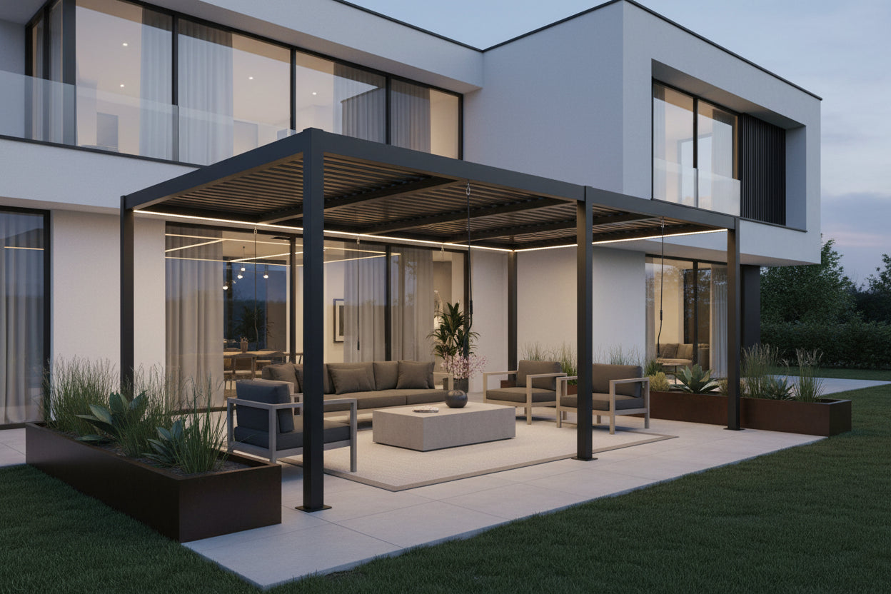 Berlin Outdoor Garden Patio Aluminium Pergola with Roof and Led Lighting