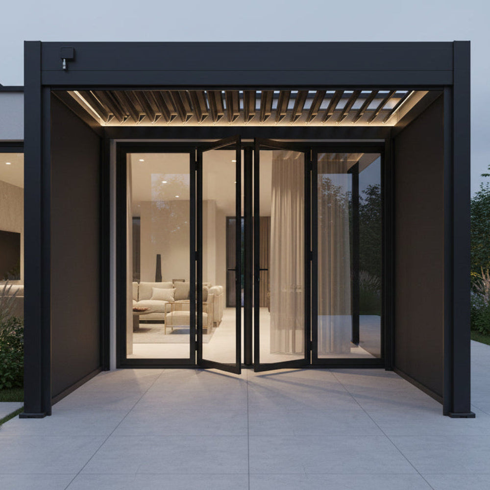 Berlin Plus Aluminium 3m x 3m Square Pergola with 3 Or 4 Manual Side Blinds and LED Lighting in Grey