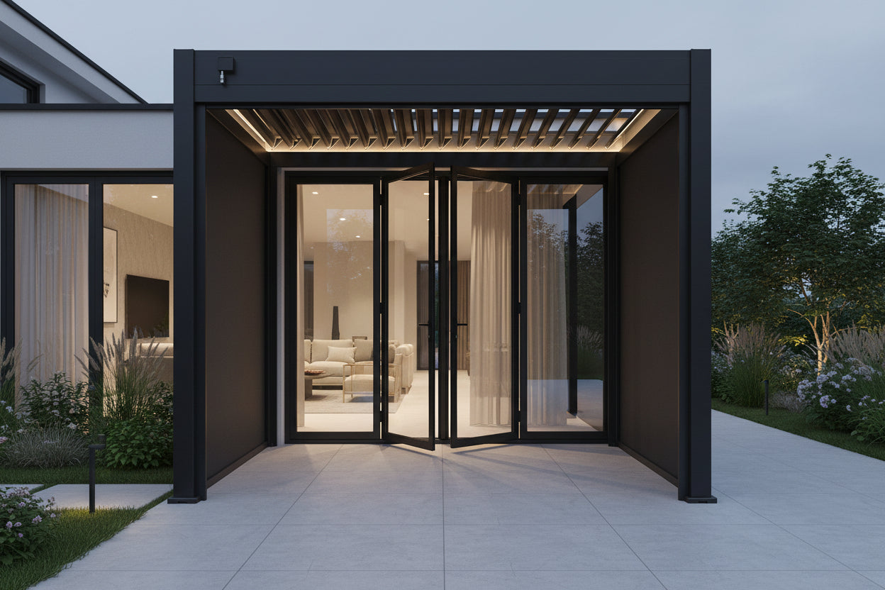 Berlin Plus Aluminium 3m x 3m Square Pergola with 3 Or 4 Manual Side Blinds and LED Lighting in Grey