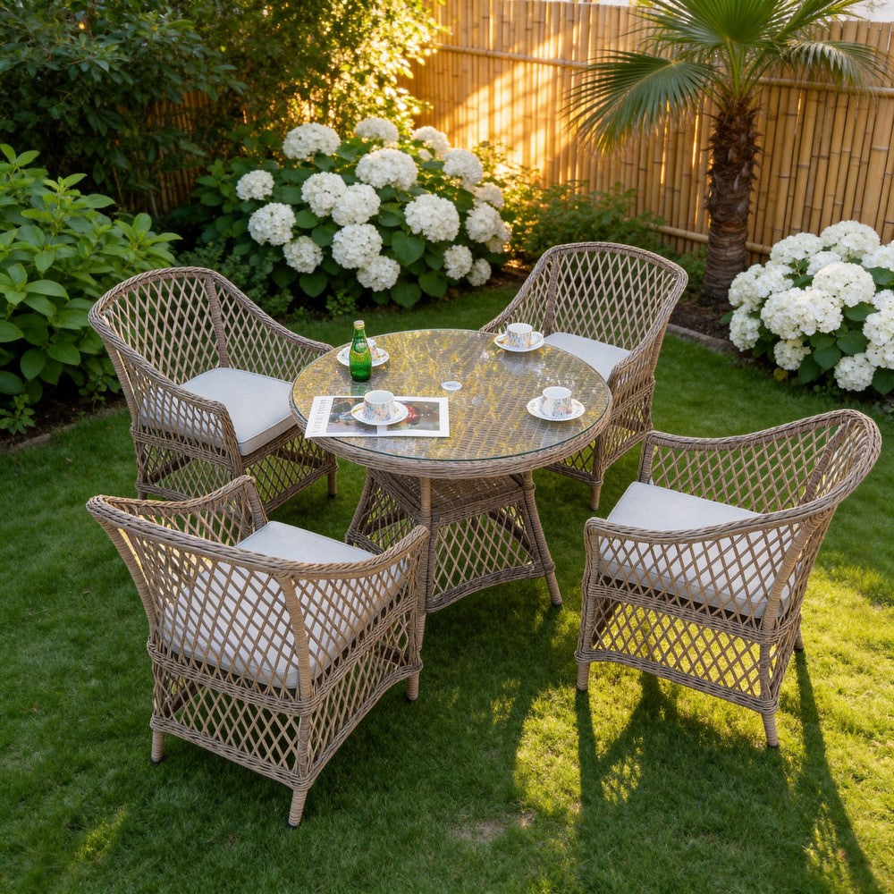 Provence 4‑Seater Rattan Garden Dining Set with Round Table and Furniture Cover