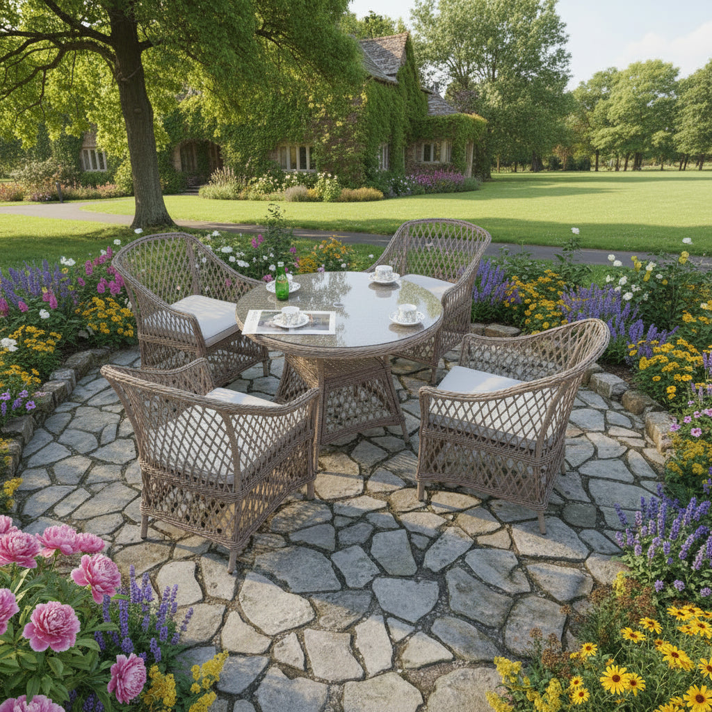 Provence 4‑Seater Rattan Garden Dining Set with Round Table and Furniture Cover