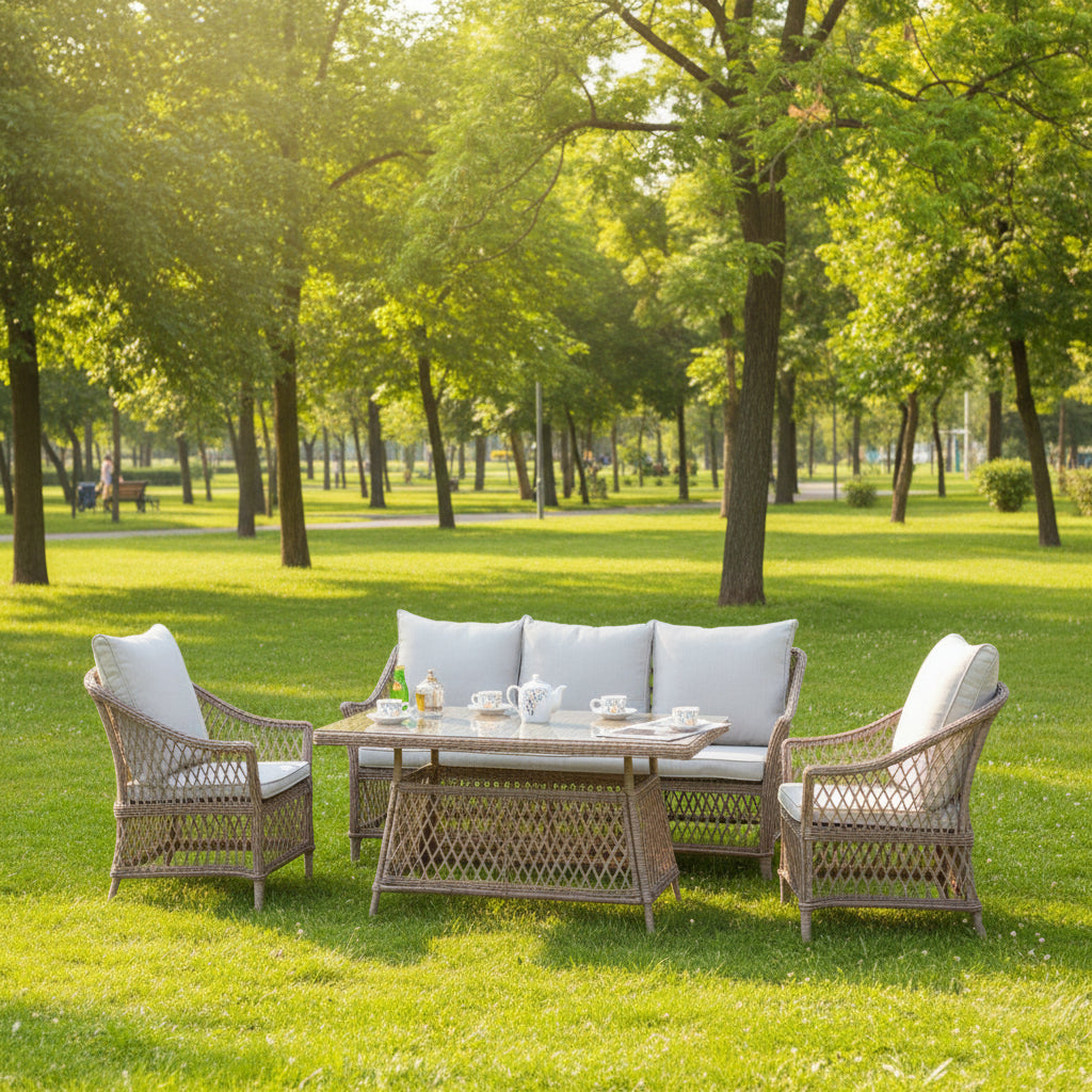 Provence 5‑Seater Willow CONSERVATORY Rattan Garden Dining Set with Table and Furniture Cover