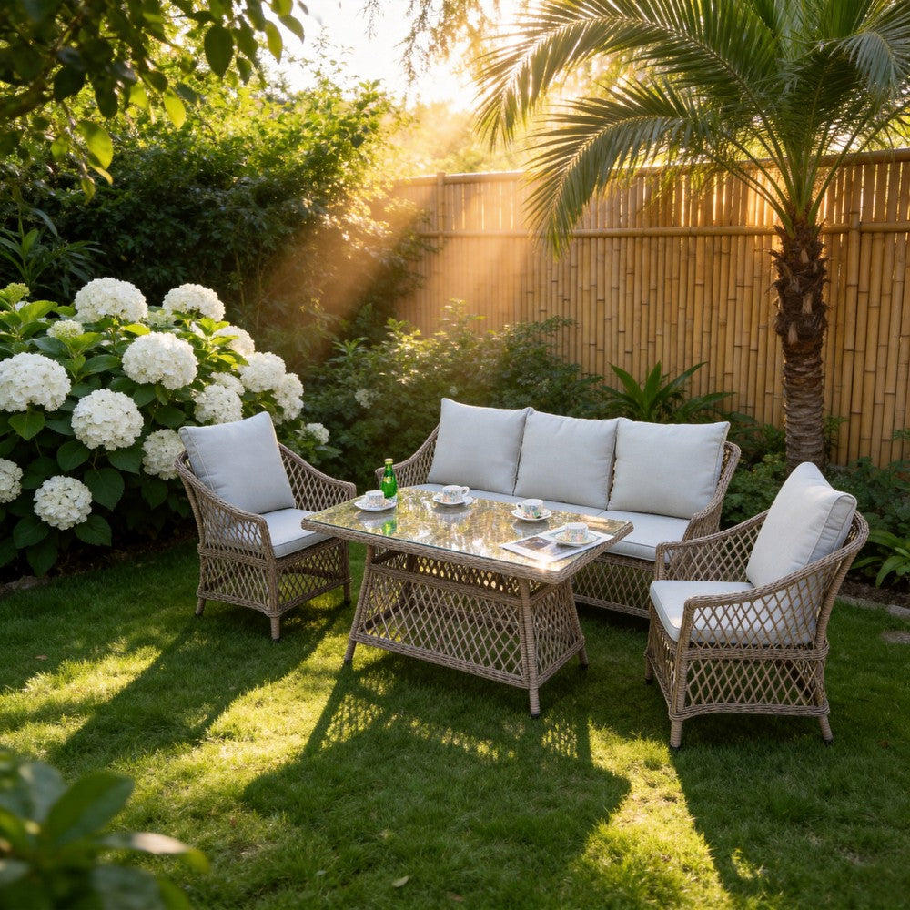 Provence 5‑Seater Willow CONSERVATORY Rattan Garden Dining Set with Table and Furniture Cover