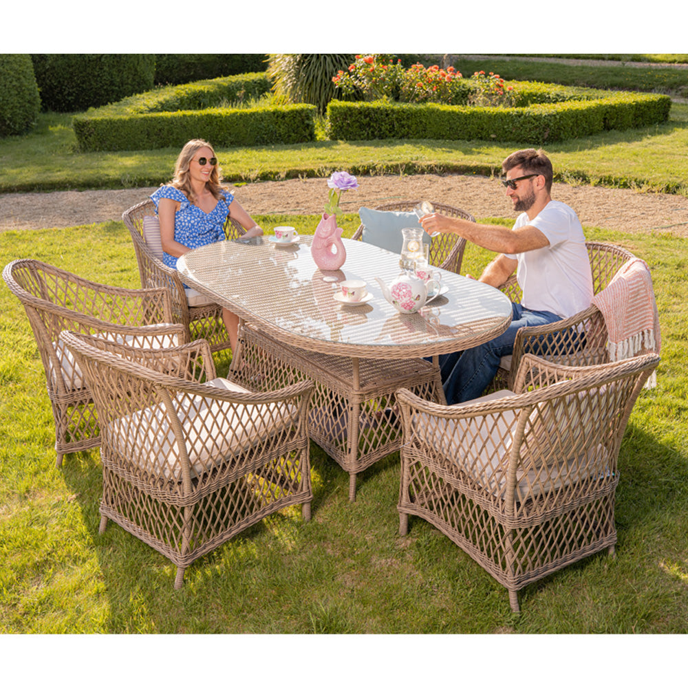 Provence Willow 6‑Seater Rattan Garden Dining Set with Oval Table and Furniture Cover