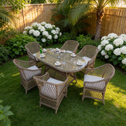 Provence Willow 6‑Seater Rattan Garden Dining Set with Oval Table and Furniture Cover