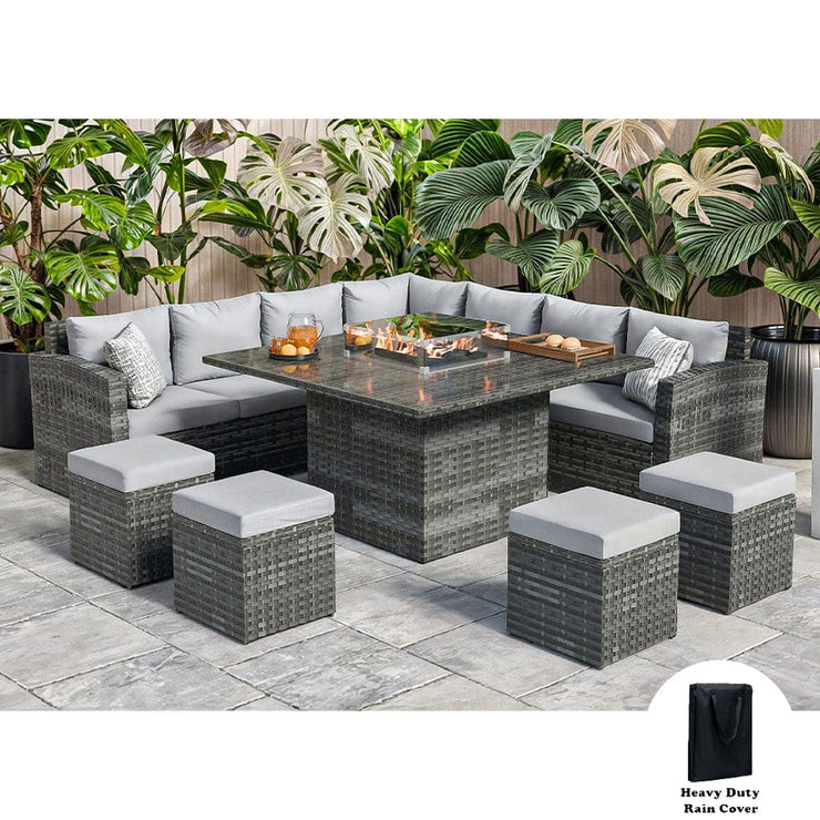 Rosen 11 Seater Rattan Garden Furniture Corner Dining Sofa Set With Fire Pit Table In Grey