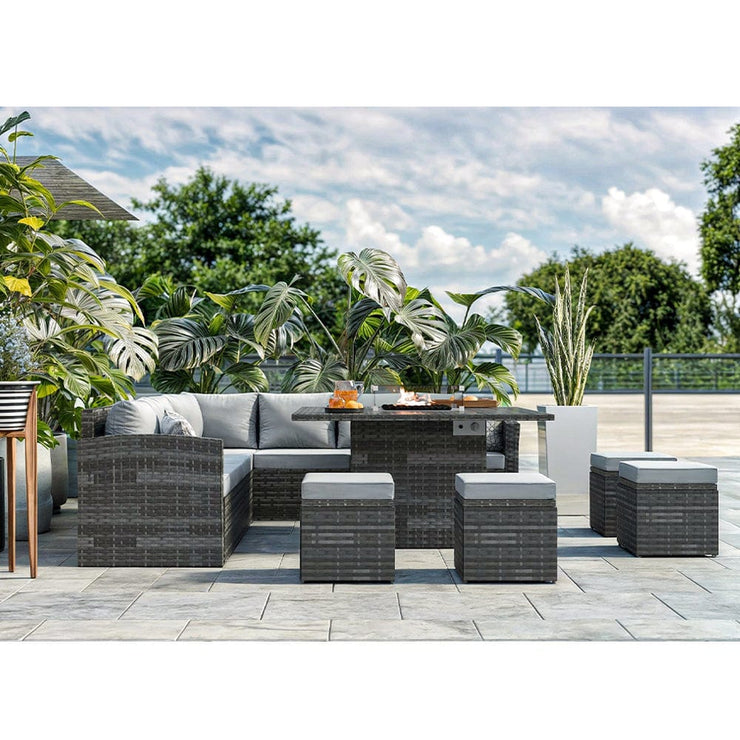 Rosen 11 Seater Rattan Garden Furniture Corner Dining Sofa Set With Fire Pit Table In Grey