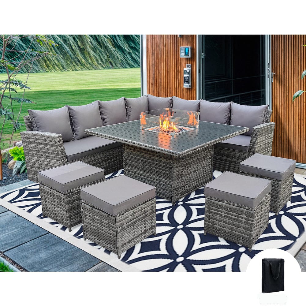 Rosen 11 Seater Rattan Garden Furniture Fire Pit Dining Corner Sofa Cu