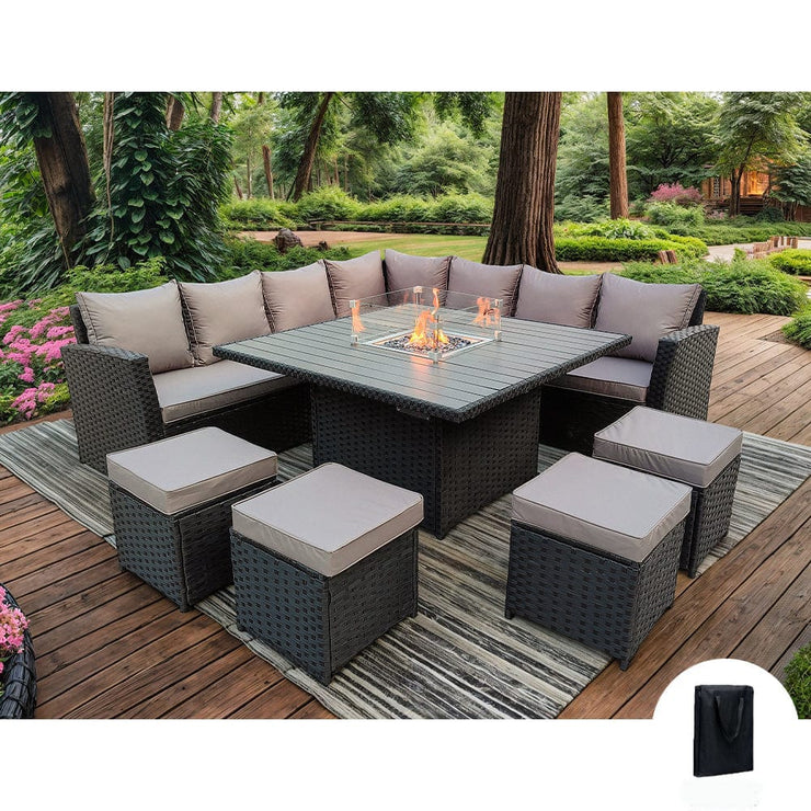 Rosen 11 Seater Rattan Garden Furniture Fire Pit Dining Corner Sofa Cube Set