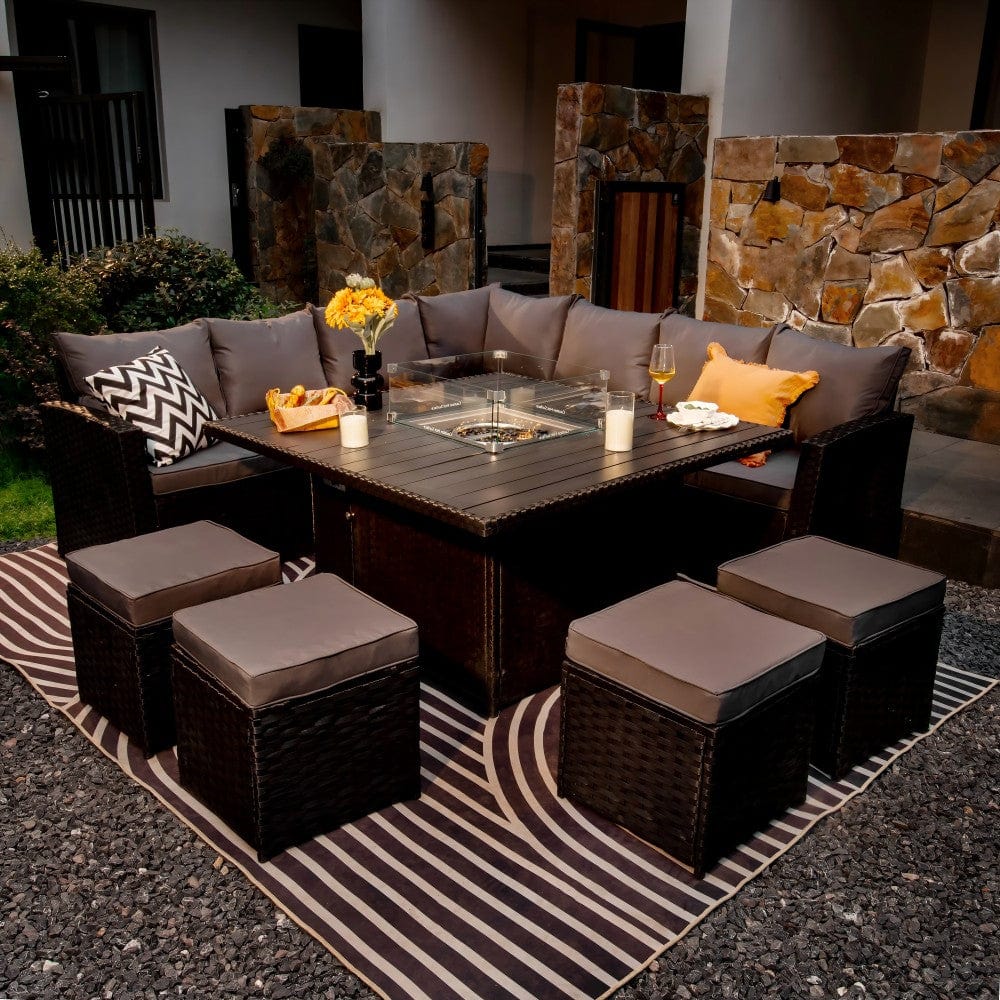 Rosen 11 Seater Rattan Garden Furniture Fire Pit Dining Corner Sofa Cube Set