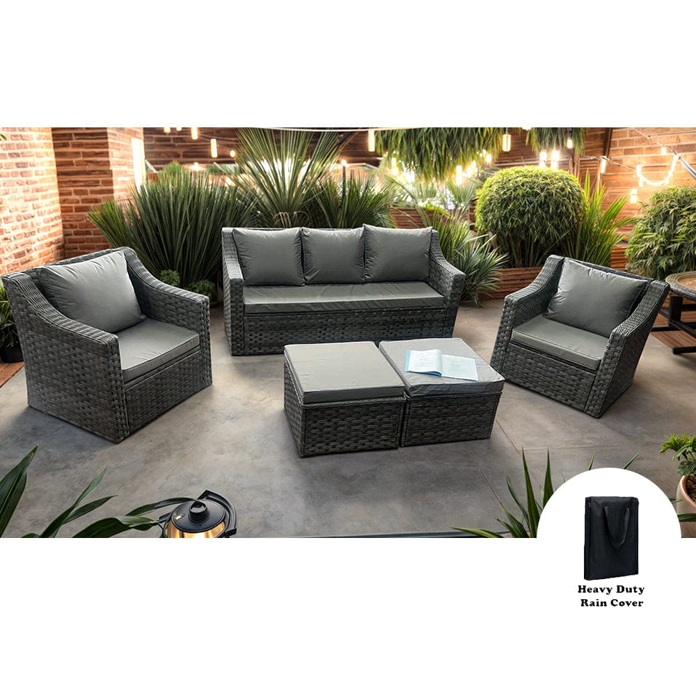 Rosen 7 Seater Grey Rattan Garden Sofa Set With Swivel Chair And Fire Pit  Coffee Table Option