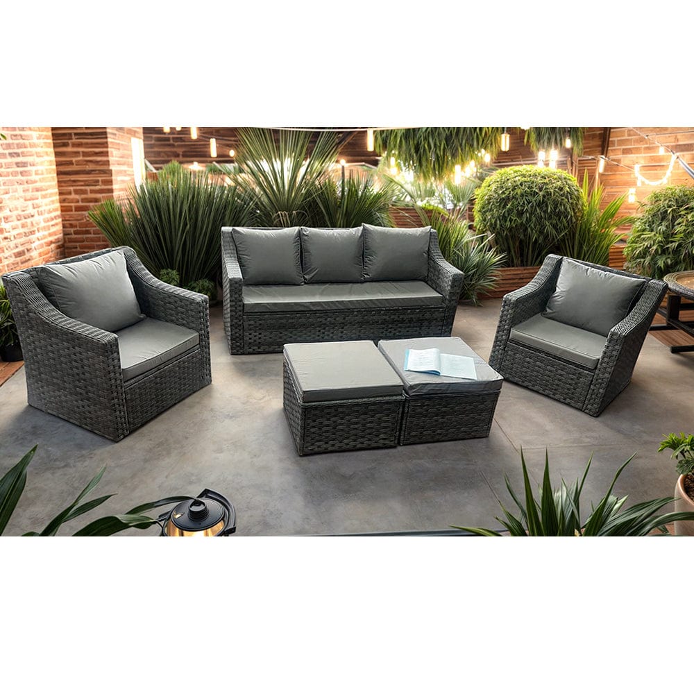 Rosen 7 Seater Grey Rattan Garden Sofa Set With Swivel Chair And Fire Pit  Coffee Table Option