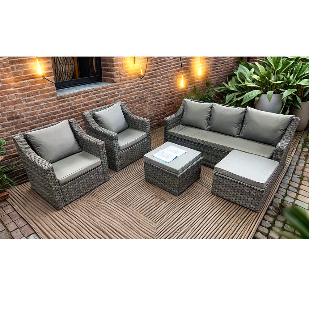 Rosen 7 Seater Grey Rattan Garden Sofa Set With Swivel Chair And Fire Pit  Coffee Table Option