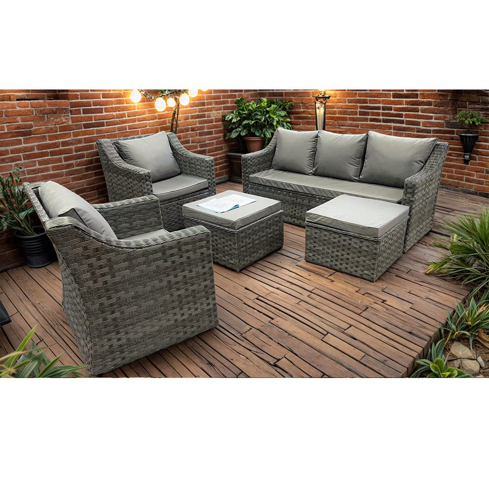Rosen 7 Seater Grey Rattan Garden Sofa Set With Swivel Chair And Fire Pit  Coffee Table Option
