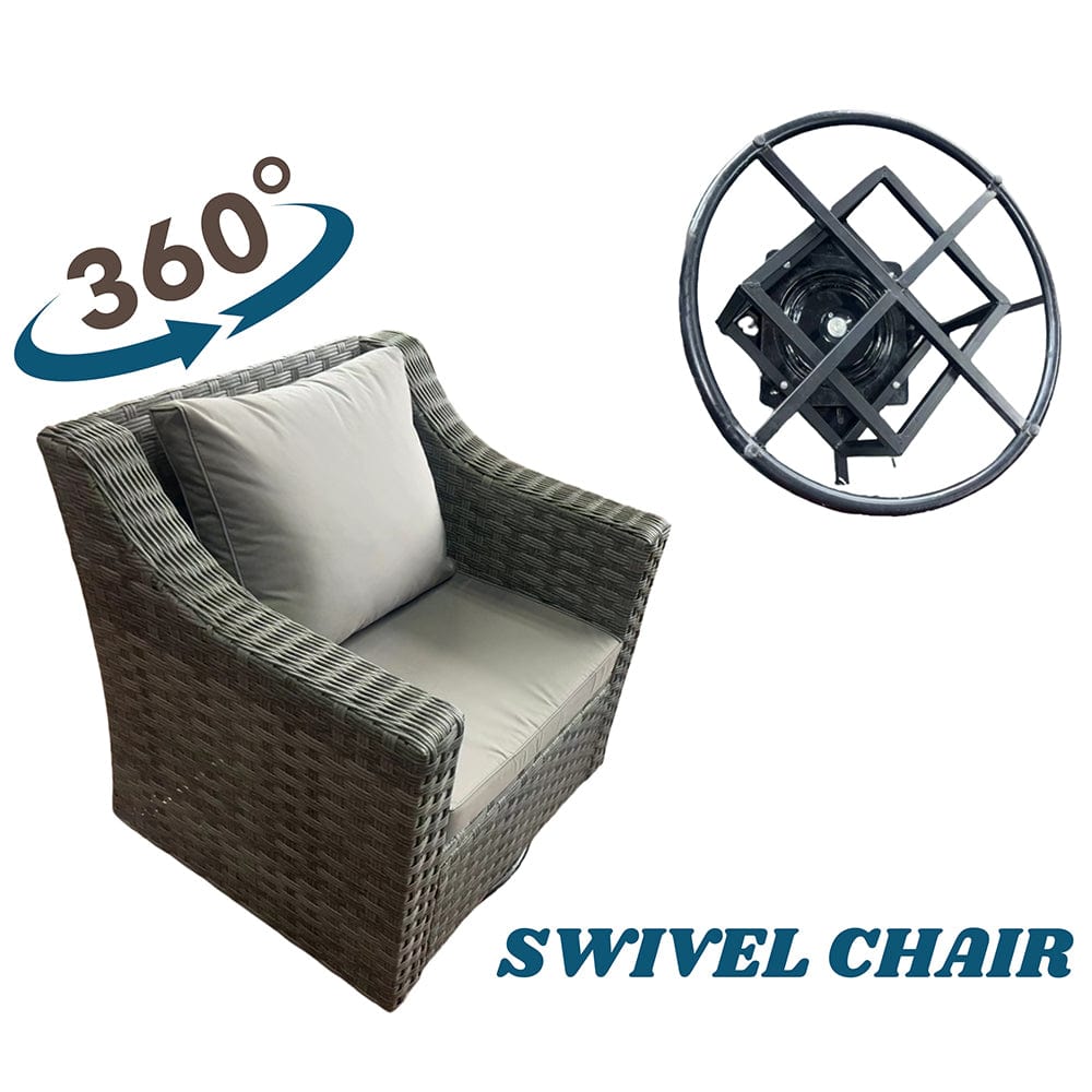 Rosen 7 Seater Grey Rattan Garden Sofa Set With Swivel Chair And Fire Pit  Coffee Table Option
