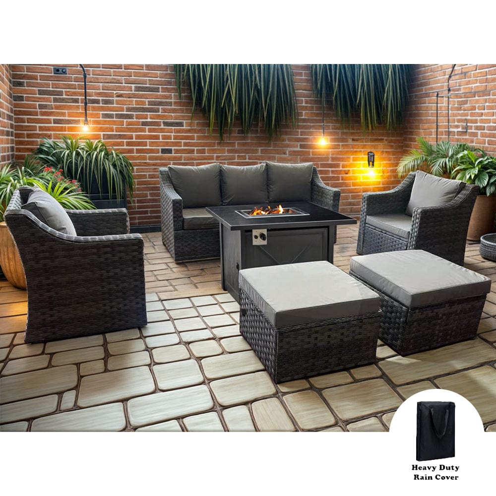 Rosen 7 Seater Grey Rattan Garden Sofa Set With Swivel Chair And Fire Pit  Coffee Table Option